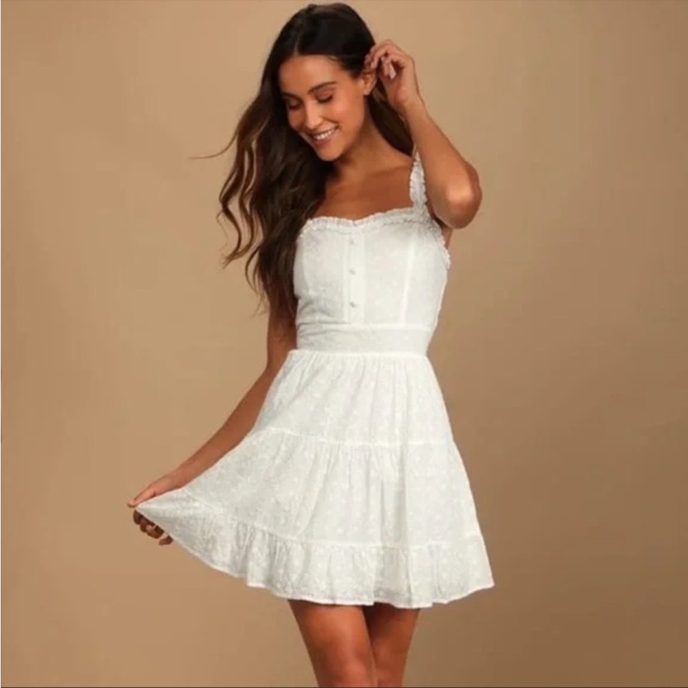 Lulu’s Picnic Perfect White Eyelet Embroidered Ruffled Mini Dress